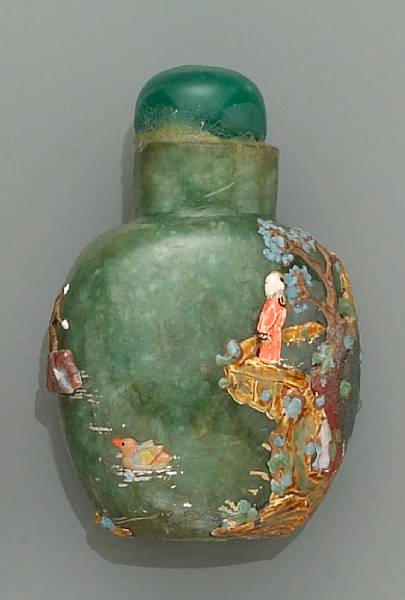 Appraisal: A small embellished green jade snuff bottle th Century Of