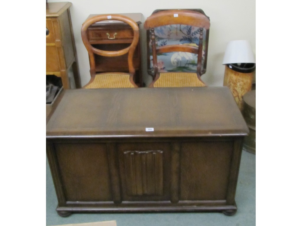 Appraisal: Blanket box two cane seated chairs firescreen table and small