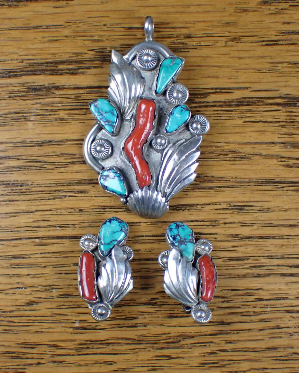 Appraisal: CORAL AND TURQUOISE PENDANT BROOCH AND EARRING SET including silver