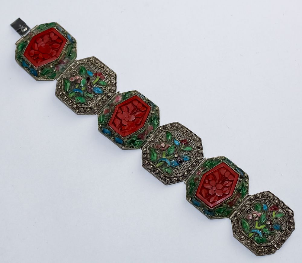 Appraisal: Chinese Silver Tone Enamel Cinnabar Bracelet Vintage Chinese silver tone