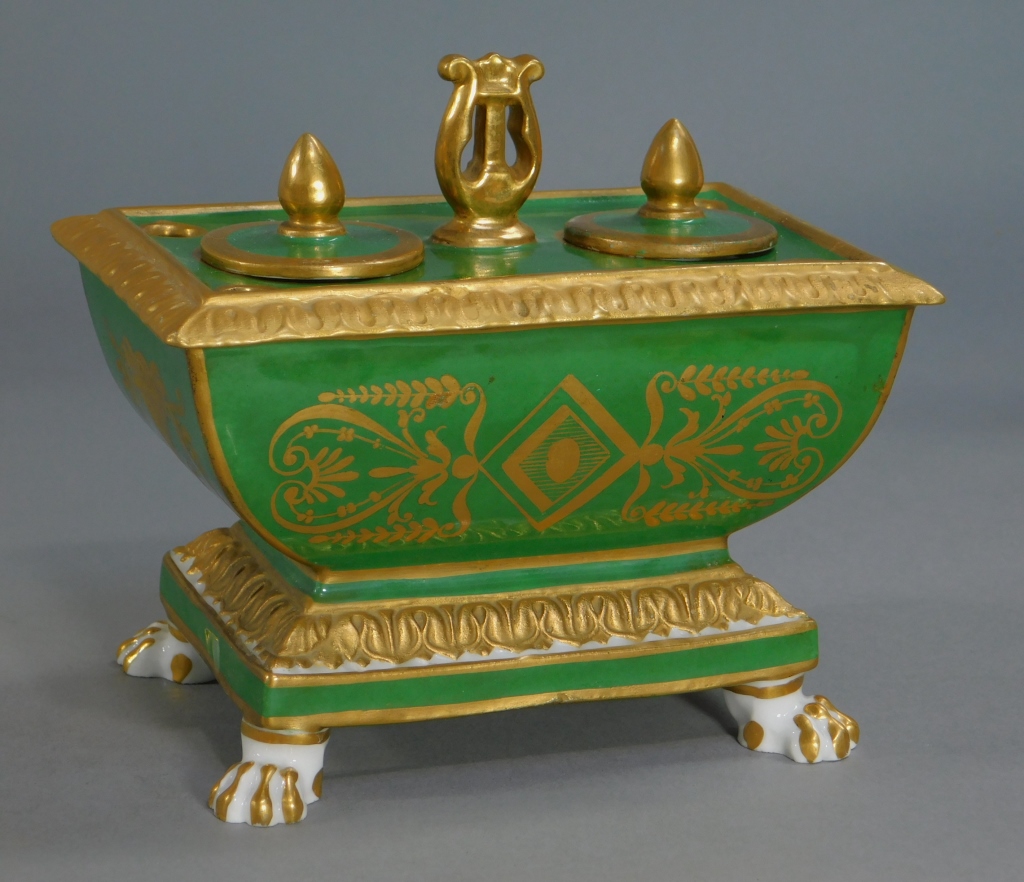 Appraisal: FRENCH NAPOLEONIC SEVRES GREEN PORCELAIN INKWELL France th CenturyRectangular form