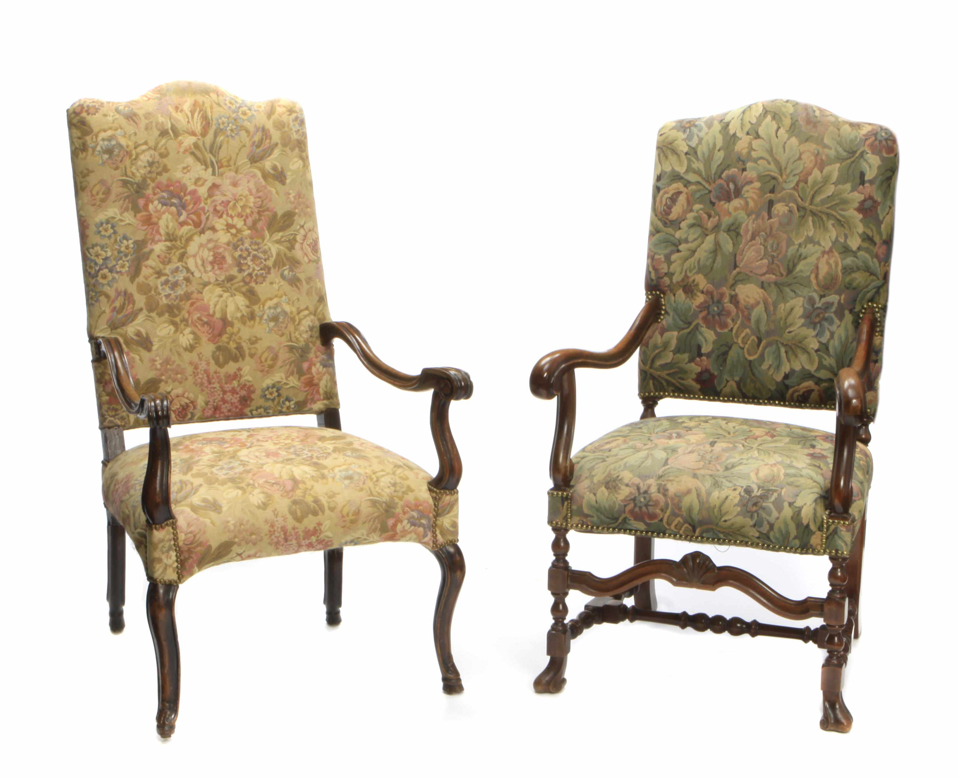 Appraisal: Two French Baroque style walnut armchairs one th century the