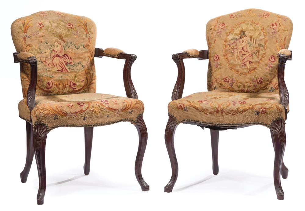 Appraisal: Pair of Louis XV-Style Carved Mahogany Fauteuils padded back arms