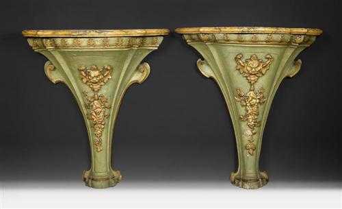 Appraisal: PAIR OF GREEN PAINTED AND PARCEL-GILT CONSOLES Louis XV Northern