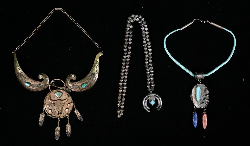 Appraisal: Native American metal and turquoise necklaces Sterling beaded necklace with