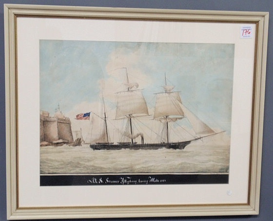 Appraisal: Gouache titled U S Steamer Alleghany Leaving Malta signed Nicolas