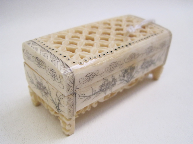 Appraisal: ASIAN HAND CARVED IVORY CRICKET BOX c pierced hinged cover