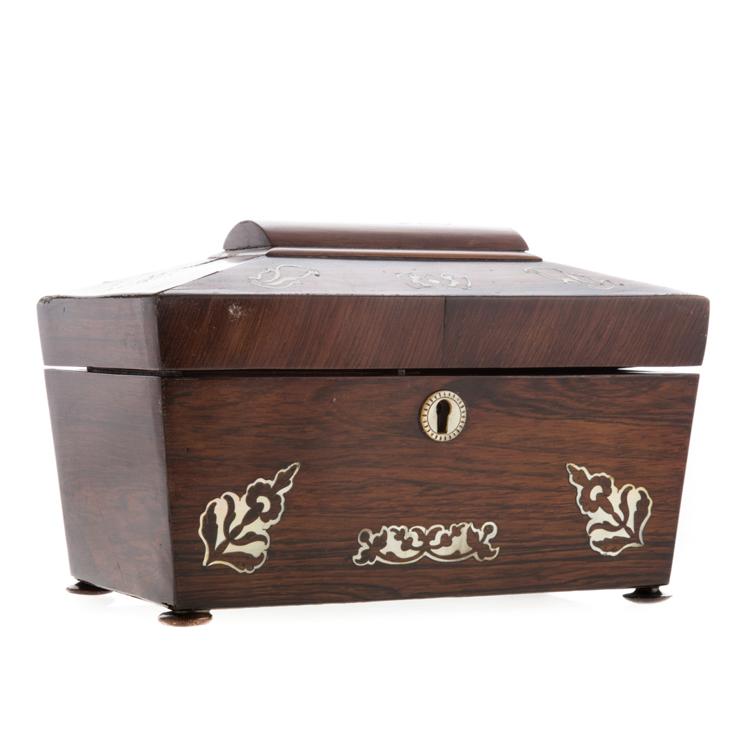 Appraisal: William IV inlaid rosewood tea caddy circa sarcophagus form with