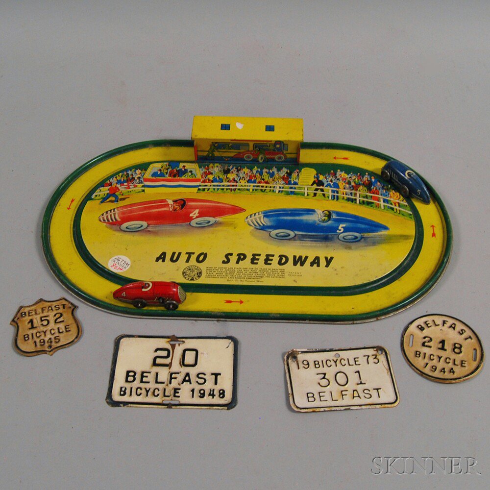 Appraisal: Lithographed Tin Auto Speedway Toy Car Game with two pressed