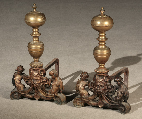 Appraisal: Pair of Dutch Baroque Style Brass Andirons Late th Century