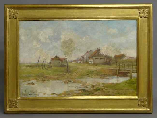 Appraisal: Painting oil on canvas village landscape signed ''Charles Schreyvogel'' N