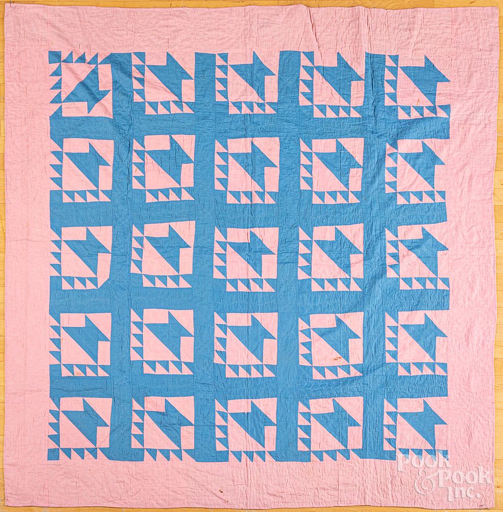 Appraisal: Pink and blue basket quilt ca Pink and blue basket