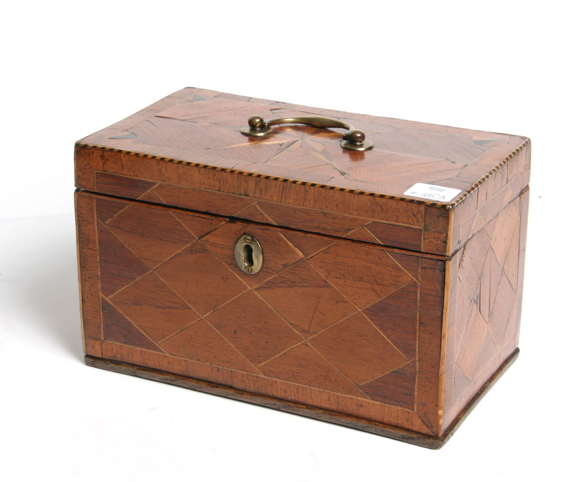 Appraisal: GEORGE III MAHOGANY EBONIZED AND SATINWOOD-INLAID TEA CADDY INLAID ON