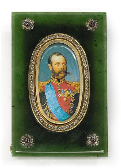 Appraisal: Russian spinach jade and diamond mounted frame th century The