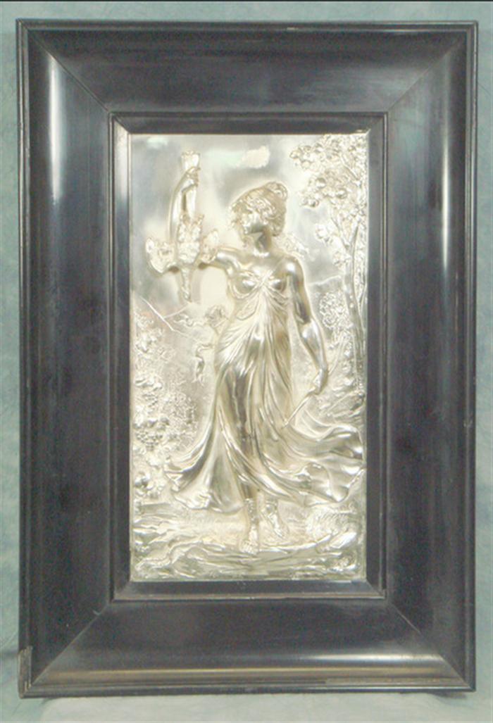 Appraisal: Framed plated silver plaque of a woman huntress holding a