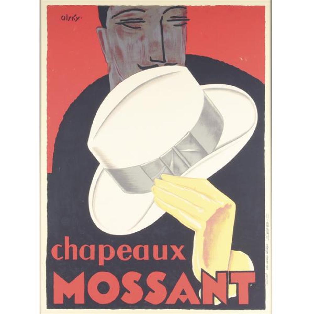 Appraisal: OLSKY CHAPEAUX MOSSANT FRENCH ART DECO DECORATIVE LITHOGRAPH POSTER H