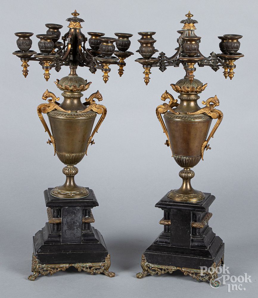 Appraisal: Pair of gilt metal and slate candelabra Pair of gilt