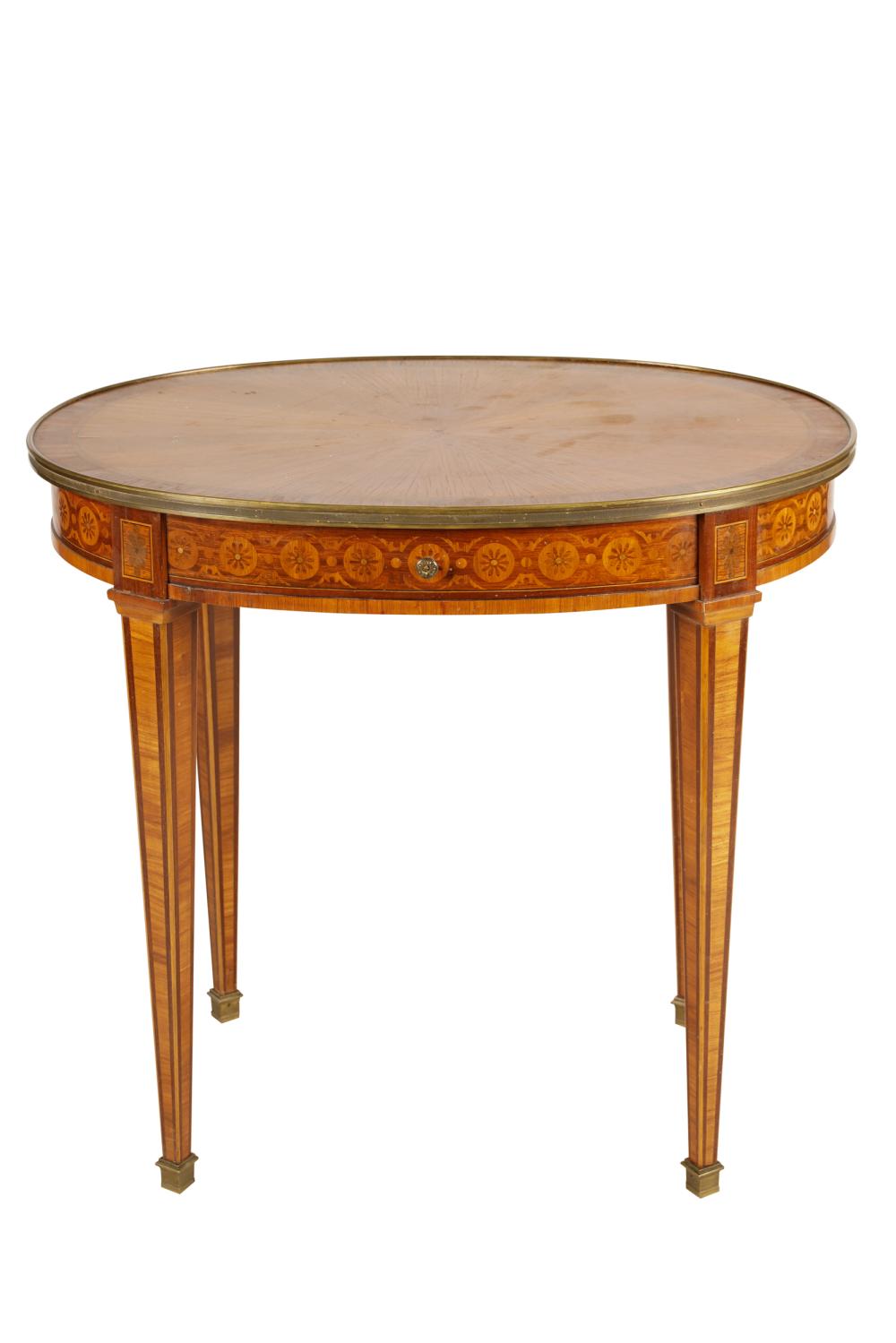 Appraisal: NEOCLASSIC MARQUETRY MAHOGANY SIDE TABLEthe cross-banded and line-inlaid oval top