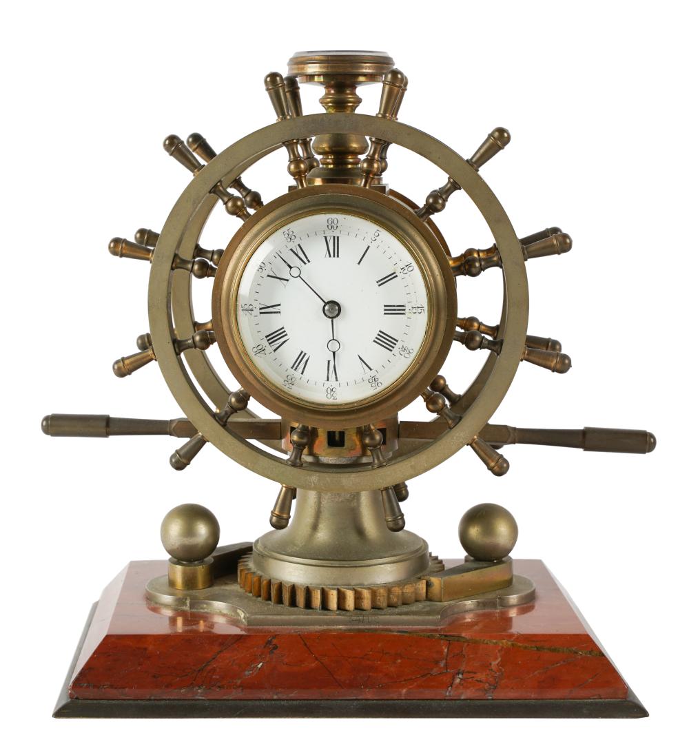 Appraisal: BRASS TWO-SIDED SHIP'S CLOCK BAROMETER COMPASSunsigned on marble base inches