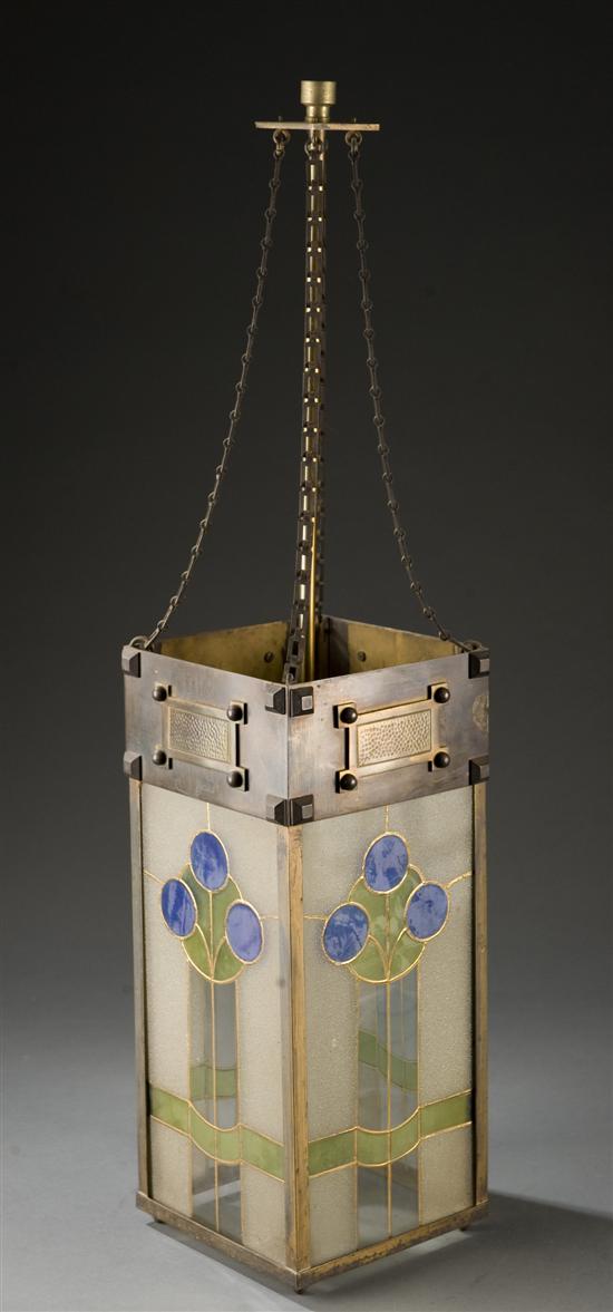 Appraisal: Austrian Arts Crafts brass and glass square hanging lamp Late