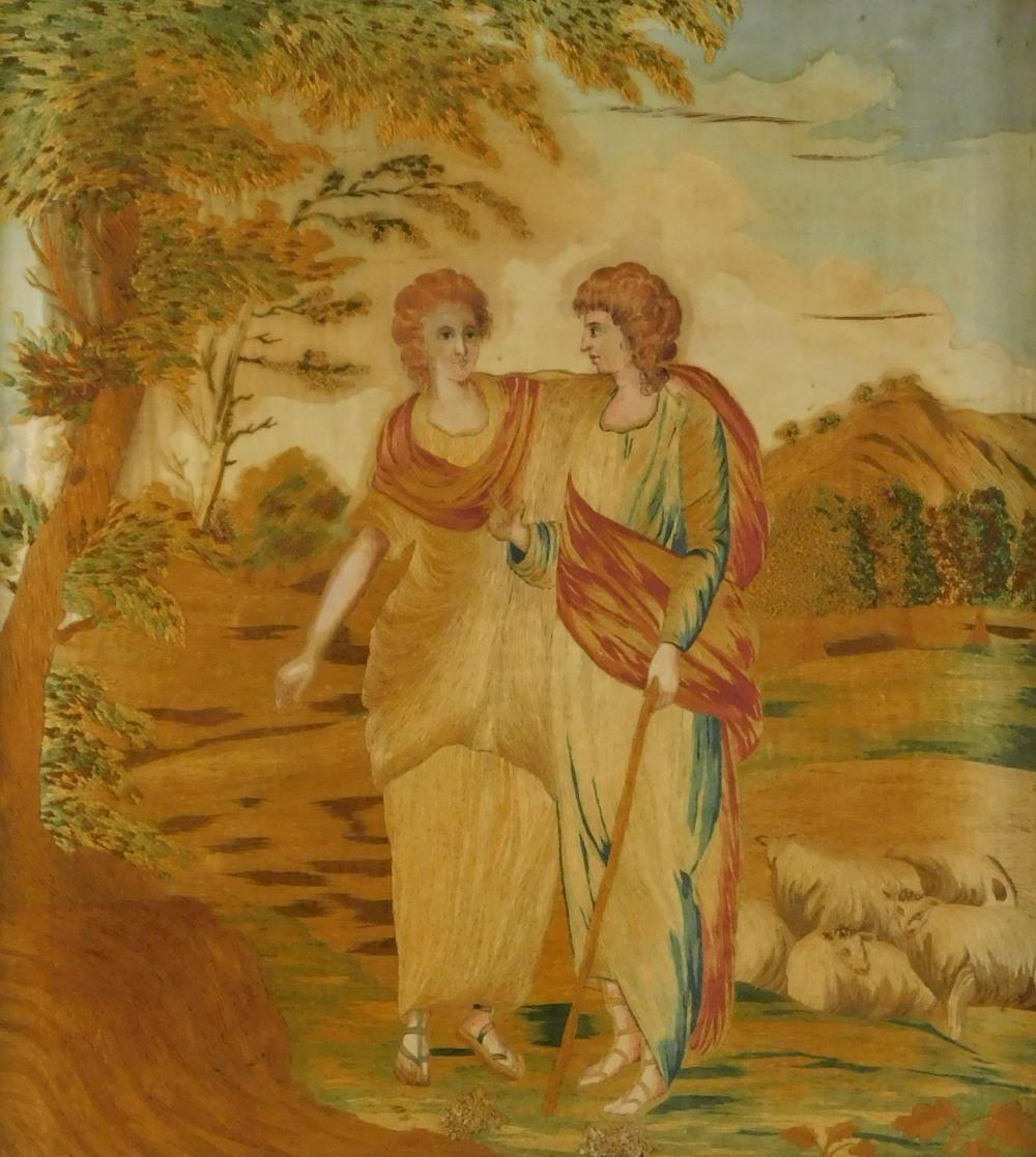 Appraisal: Silk embroidery with a design of two shepherdesses c -