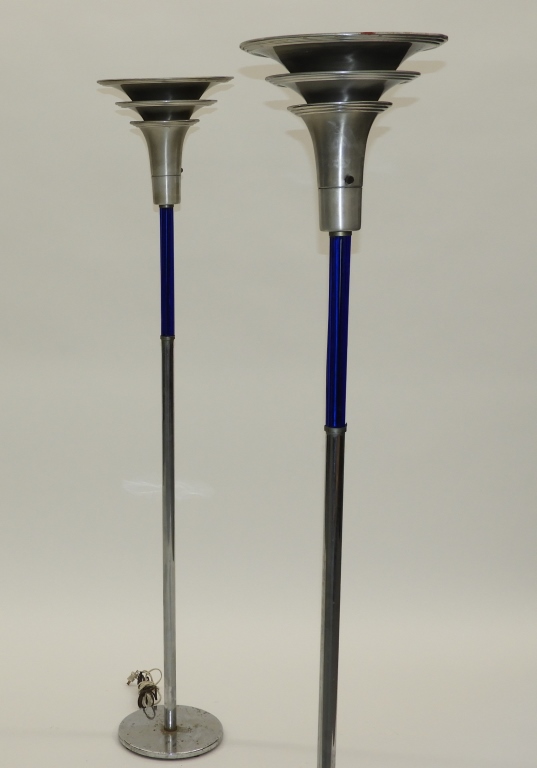 Appraisal: PR MCM CHROME COBALT GLASS ART DECO FLOOR LAMPS United