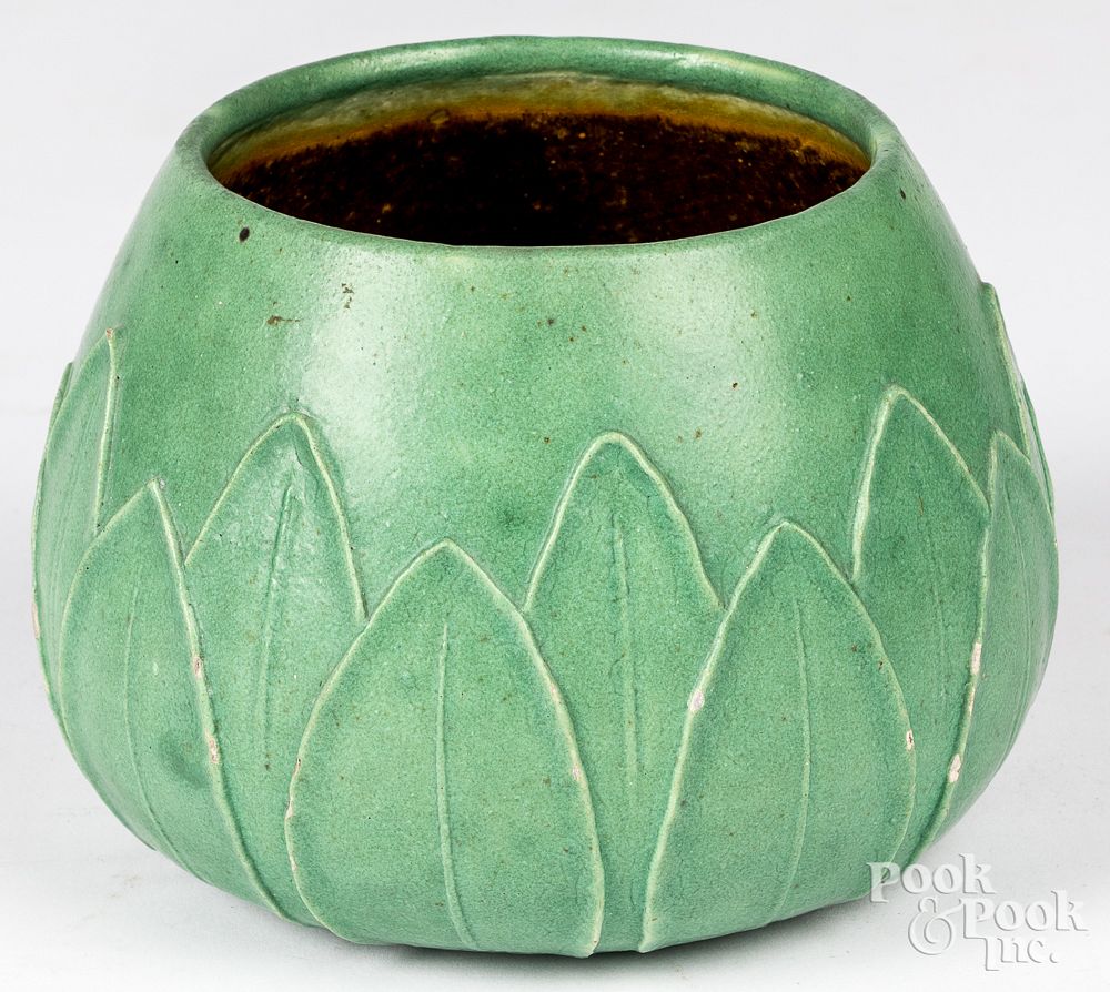 Appraisal: Grueby Pottery matte green bowl form vase Grueby Pottery matte