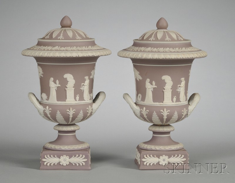 Appraisal: Pair of Wedgwood Lilac Jasper Dip Vases and Covers England