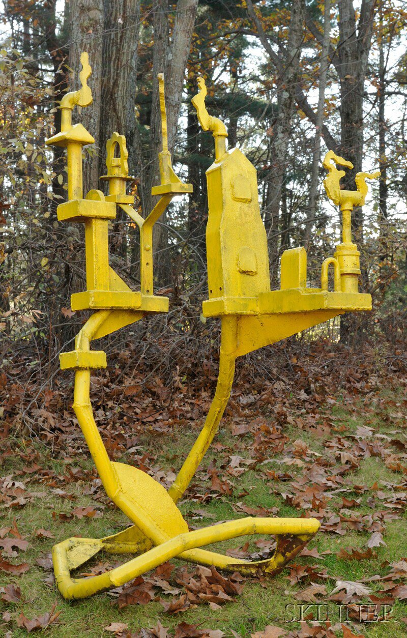 Appraisal: Richard Yee Painted Steel Garden Sculpture Village yellow-painted steel piping