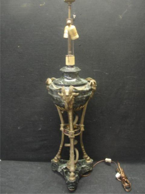 Appraisal: Bronze Marble Lamp with Ram Heads Serpent From a Long