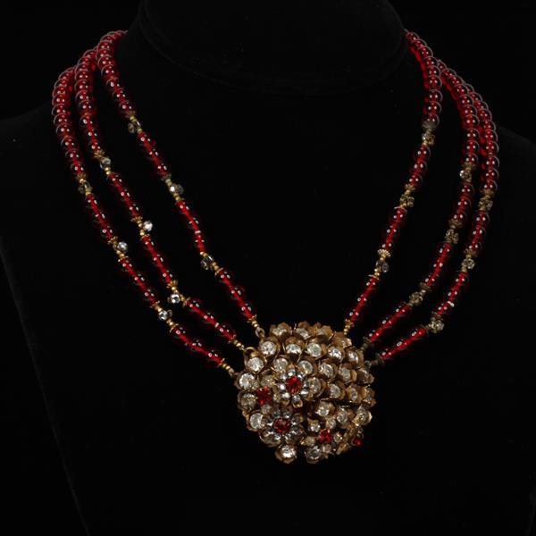 Appraisal: Miriam Haskell Red Glass Beaded Multi-Strand Necklace with Rhinestone Floral