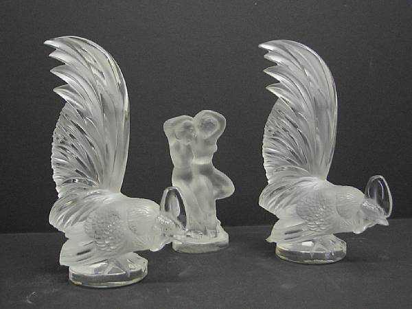 Appraisal: Two Lalique frosted and clear glass rooster paperweights and figural