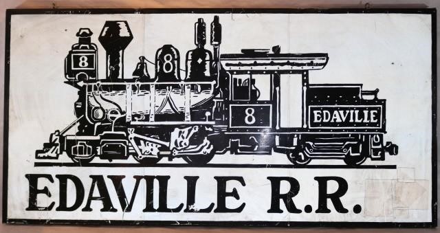 Appraisal: TIN EDAVILLE R R RAILROAD SIGN WITH WOODENFRAME BACKING HIGH