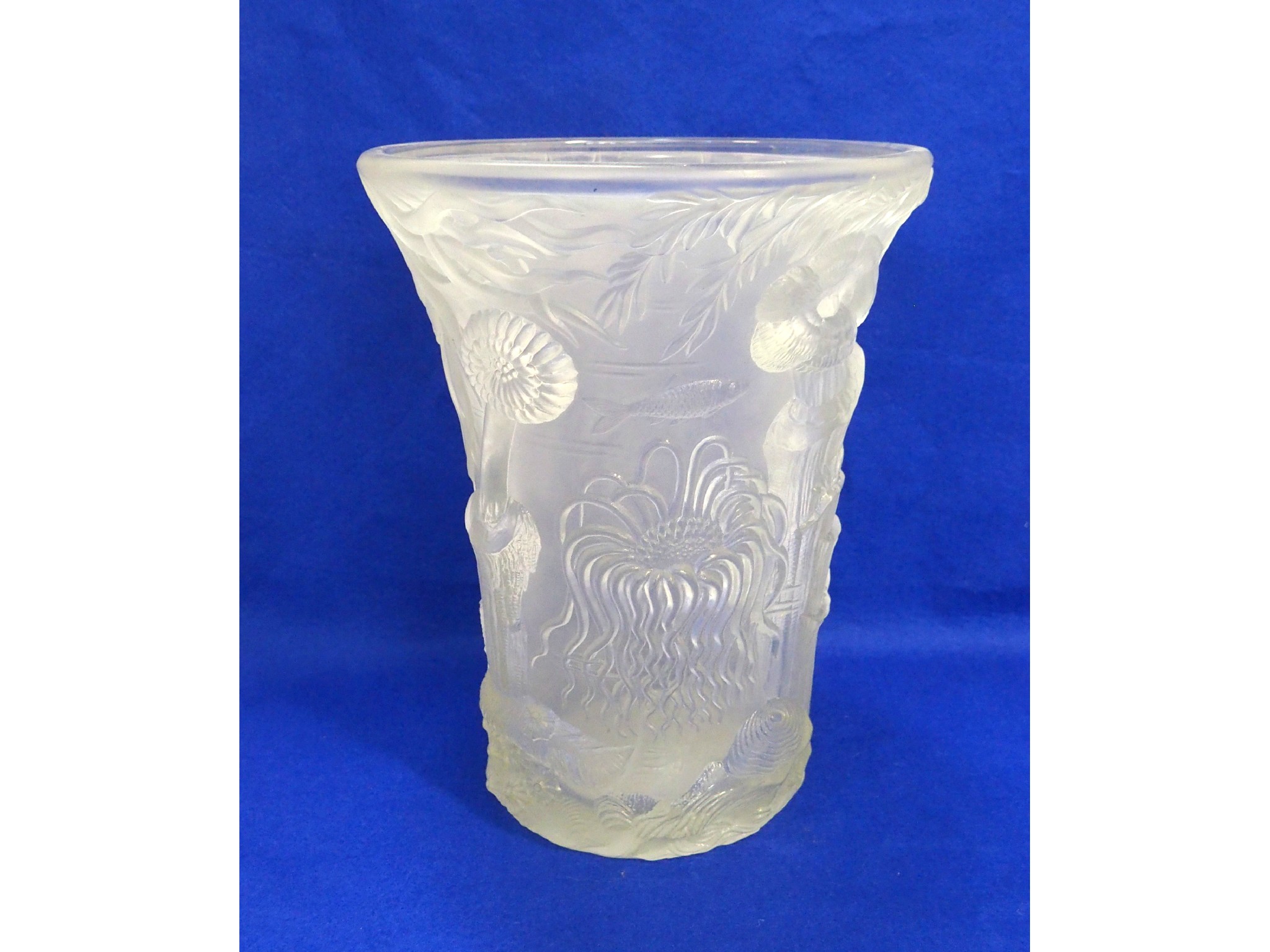 Appraisal: Frosted glass vase probably Barolac moulded with seahorses urchins jellyfish