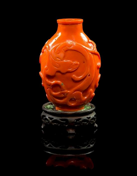 Appraisal: A Carved Red Coral Snuff Bottle Height inches A Carved