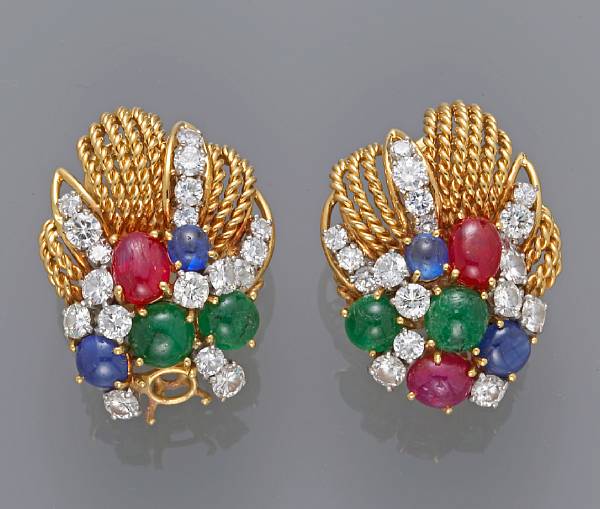 Appraisal: A pair of gem-set and diamond clip-earrings French estimated total