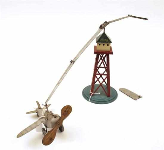 Appraisal: BING GERMAN AEROPLANE AND TOWER CIRCA S CLOCKWORK SILVER TINPLATE