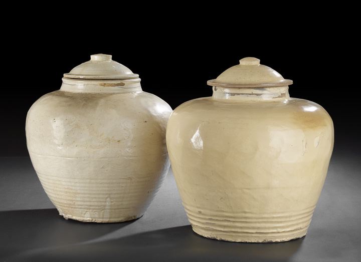 Appraisal: Near Pair of Buff Terra Cotta Lidded Storage Vessels each