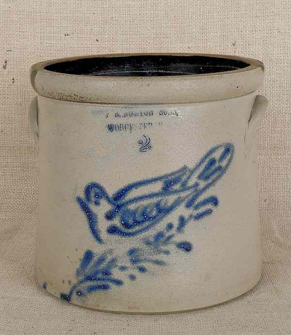 Appraisal: Two-gallon stoneware crock with cobalt bird on a branch decoration