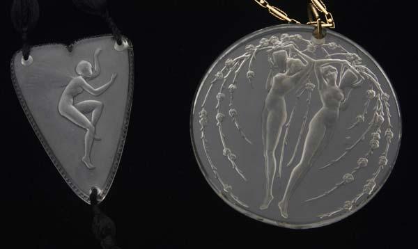 Appraisal: RENE LALIQUE Two clear and frosted pendants Deux Figurines et