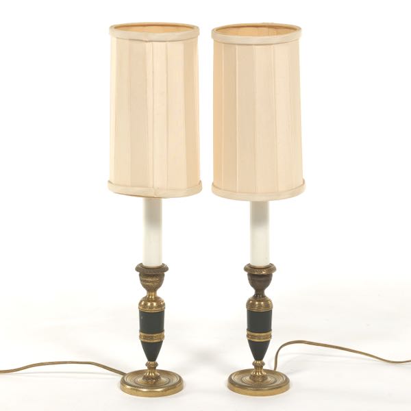 Appraisal: PAIR OF BOUDOIR LAMPS Pair of brass and black candle