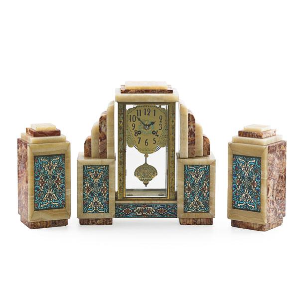 Appraisal: ART DECO CLOCK SET Three pieces marble and enamel eight