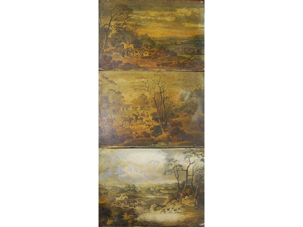 Appraisal: Three hunting prints laid on panel x cm