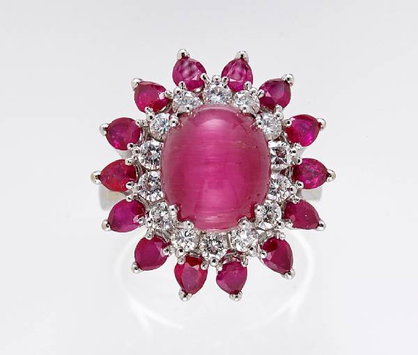 Appraisal: A cat's-eye pink tourmaline diamond and ruby ring cat's eye