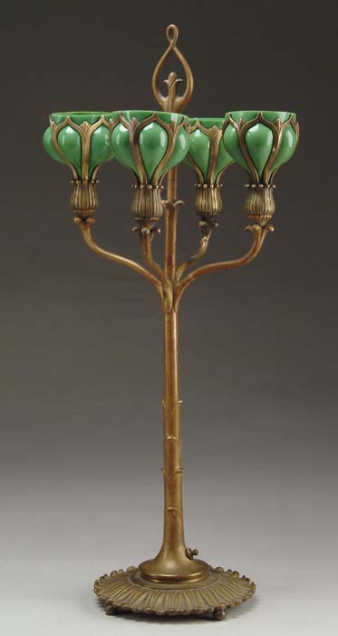 Appraisal: RETICULATED GLASS BRONZE LAMP Unusual bronze lamp has decorated foot