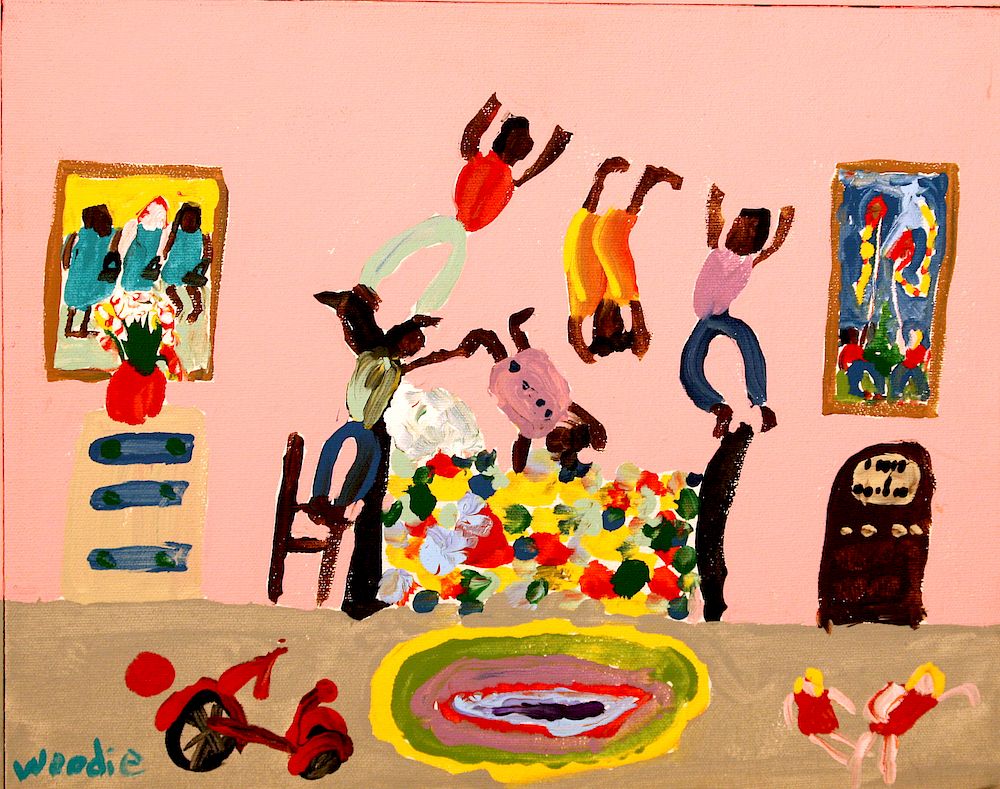 Appraisal: Outsider Art Woodie Long Jumping on Grandma's Bed Long Woodie