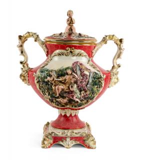 Appraisal: AN ITALIAN CAPODIMONTE COVERED URN AN ITALIAN CAPODIMONTE COVERED URN