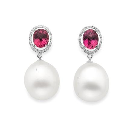 Appraisal: Pair of Pink Tourmaline Diamond and Cultured Pearl Pendant-Earrings Estimate