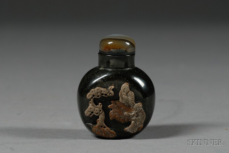 Appraisal: Agate Snuff Bottle well-hollowed cameo carved brown to black with