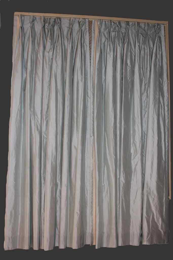 Appraisal: POWDER BLUE GREY SILK CURTAINS Having two panels each panel